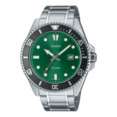 Casio Men's Watch Analog Green Dial Silver Stainless Band, MDV-107D-3A2VDF